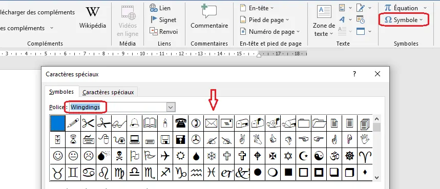 symbole du mail sur Word
